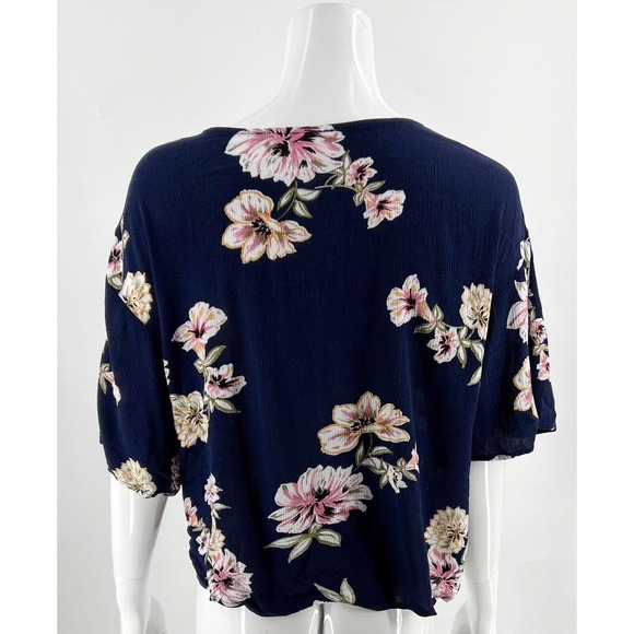 LUQ Stitch Fix Rhee Top Size M Navy Blue Pink Floral Tie Front Blouse Womens - Picture 4 of 6